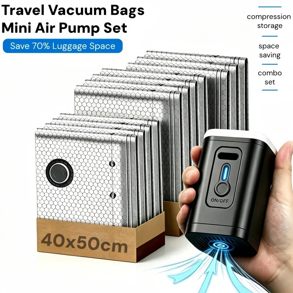 A hand holds a black vacuum storage bag set with an electric pump, demonstrating its use for compression storage.