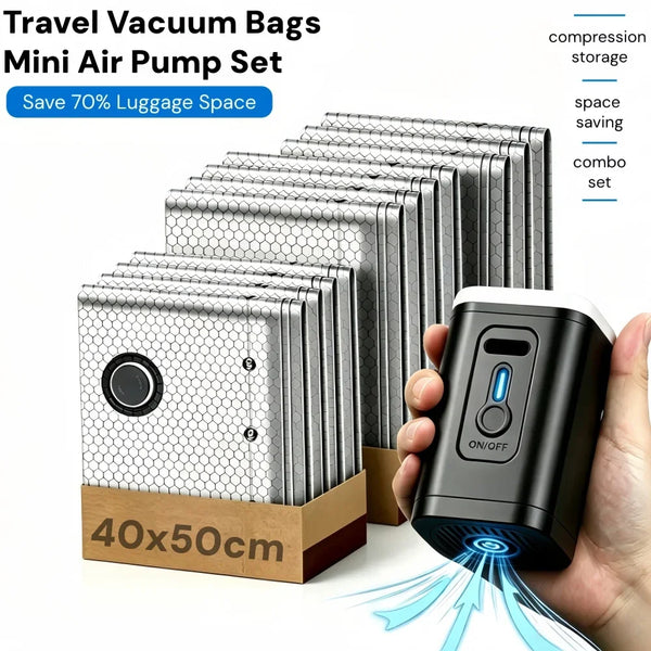 A hand holds a black vacuum storage bag set with an electric pump, demonstrating its use for compression storage.
