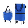 A bright blue foldable hand drawn shopping bag on wheels.