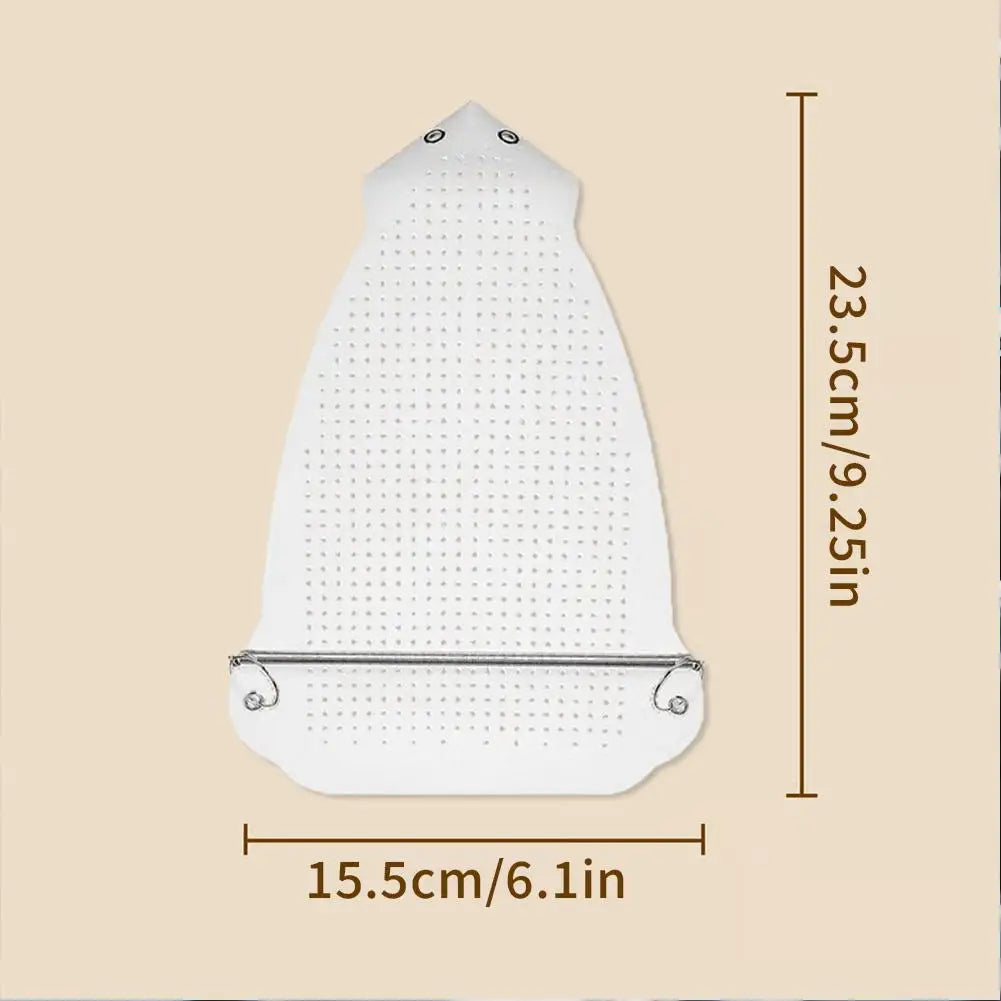 White universal iron protective cover shield with a perforated surface and a metal strip.