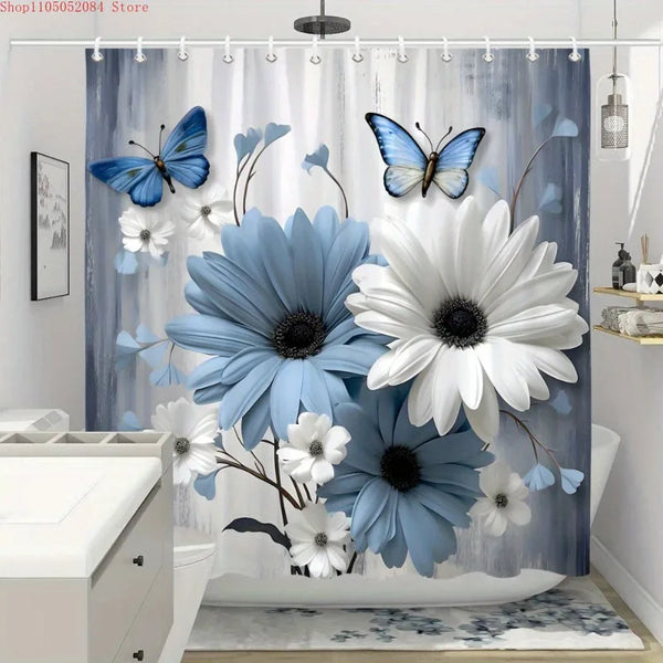 A shower curtain featuring a watercolor design of blue and white flowers and butterflies on a gray background.