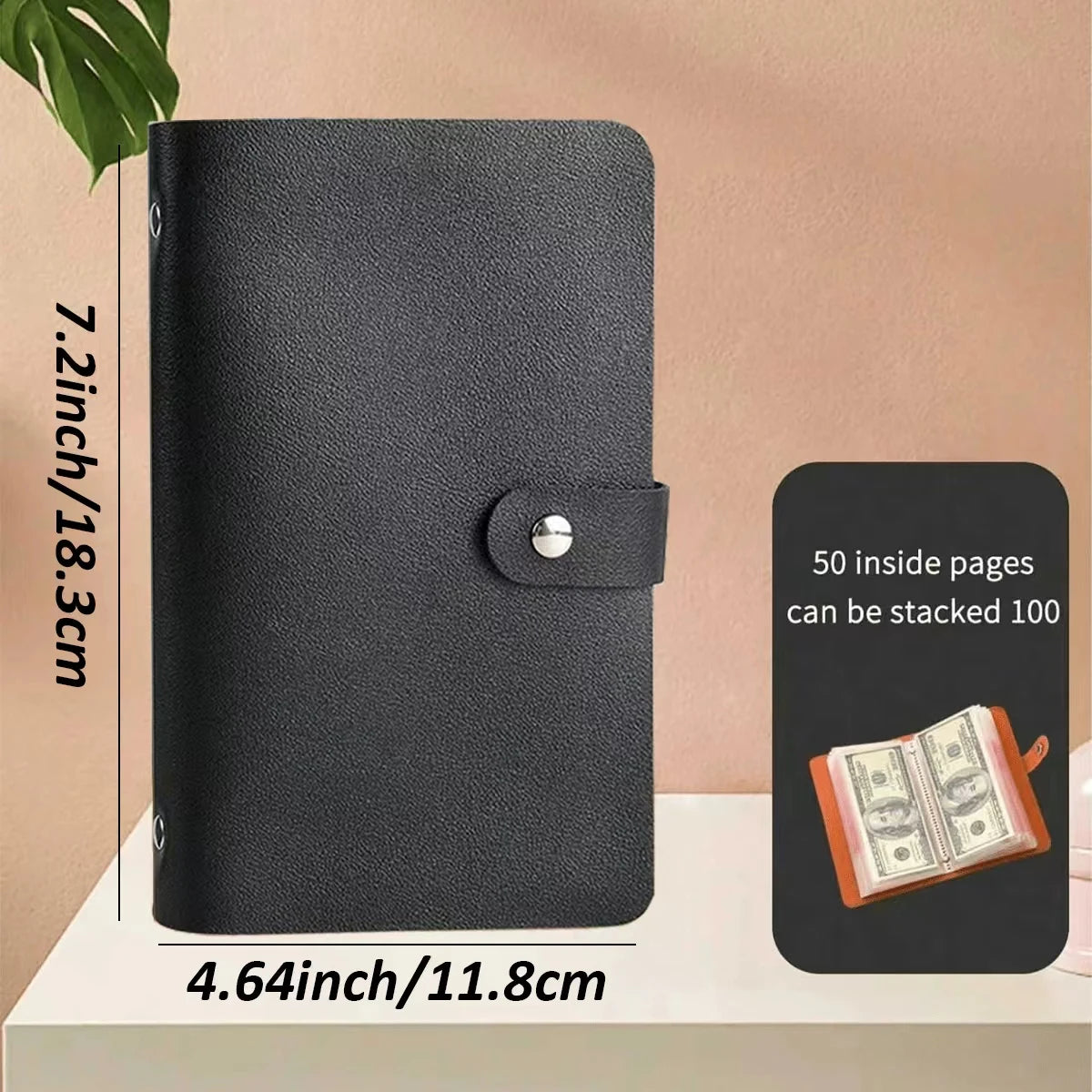 A black cash organizer ledger with envelope sleeves shown standing upright on a white surface.