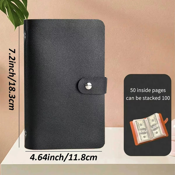 A black cash organizer ledger with envelope sleeves is shown standing upright on a white surface.