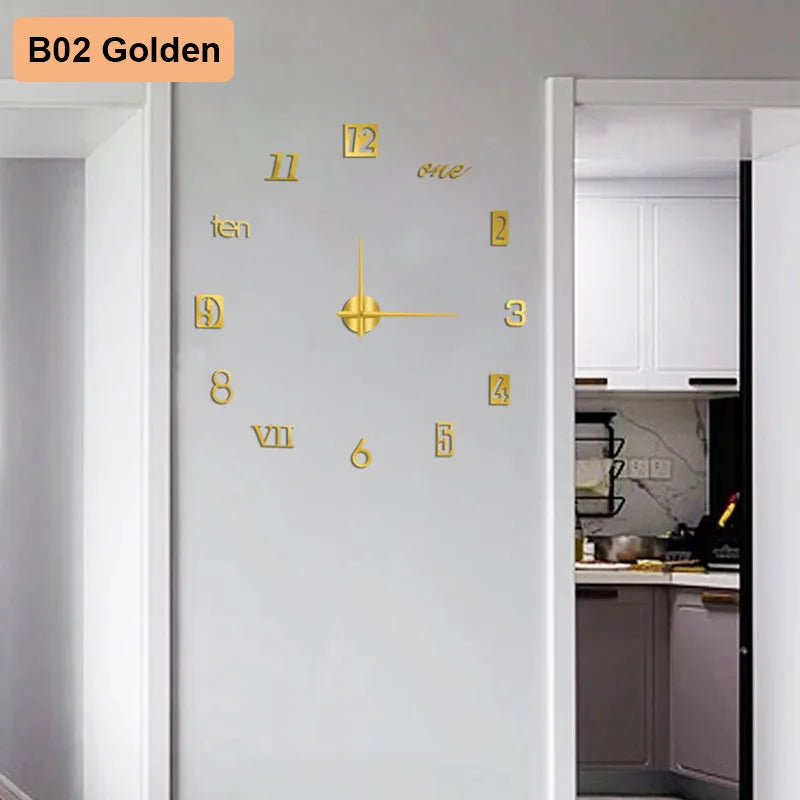 Goldfarweiche 3D-abstrakte Wanduhr mit Zeit und Zahlen an einer weißen Wand.