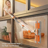 A long, multi-cleaning rod tool is shown being used to clean a high-rise window pane.
