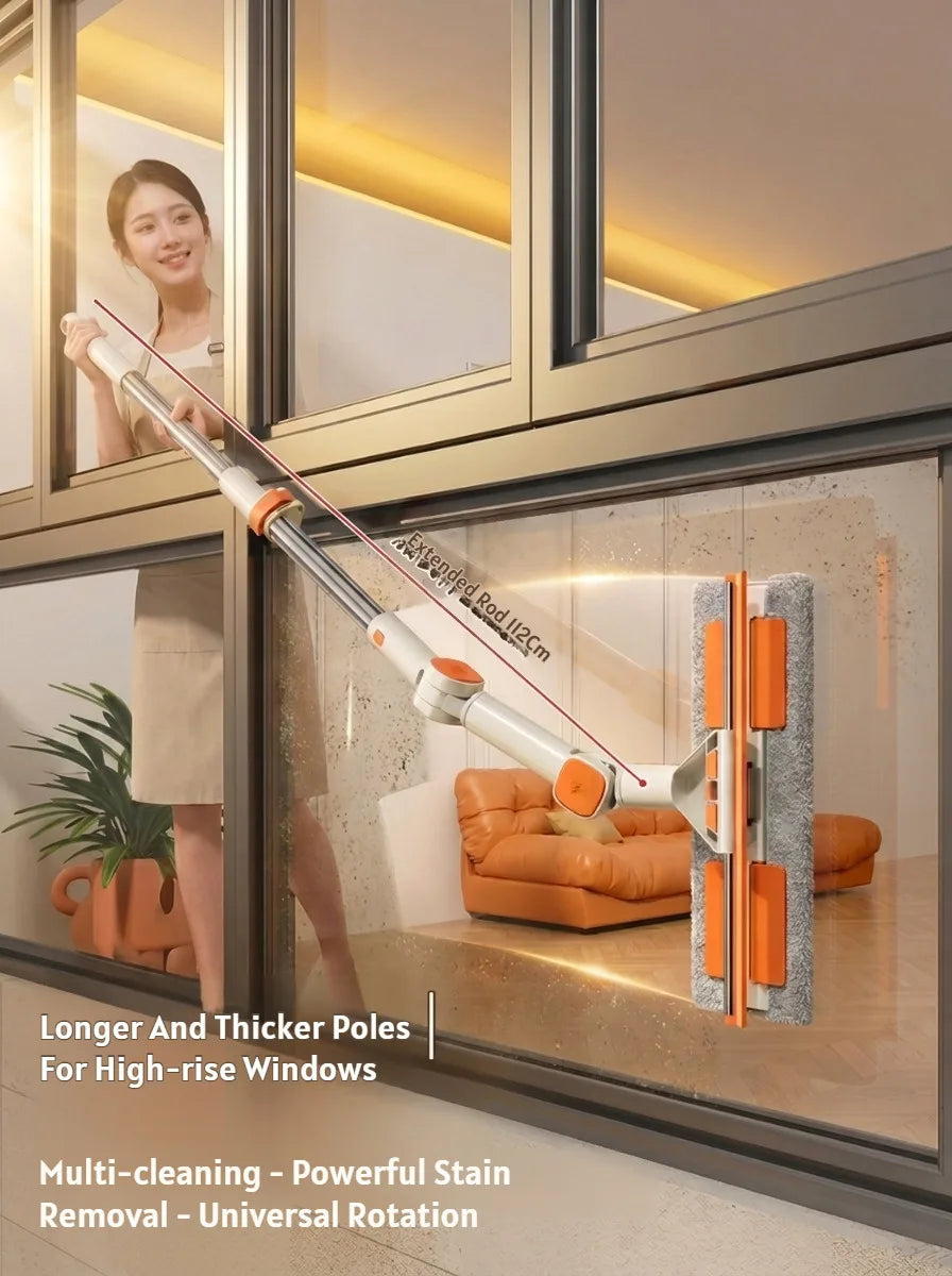 A long, multi-cleaning rod tool is shown being used to clean a high-rise window pane.