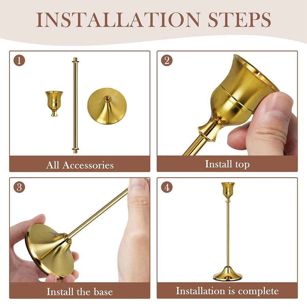 Installation steps showing how to assemble a gold weighted metal taper candlestick holder.