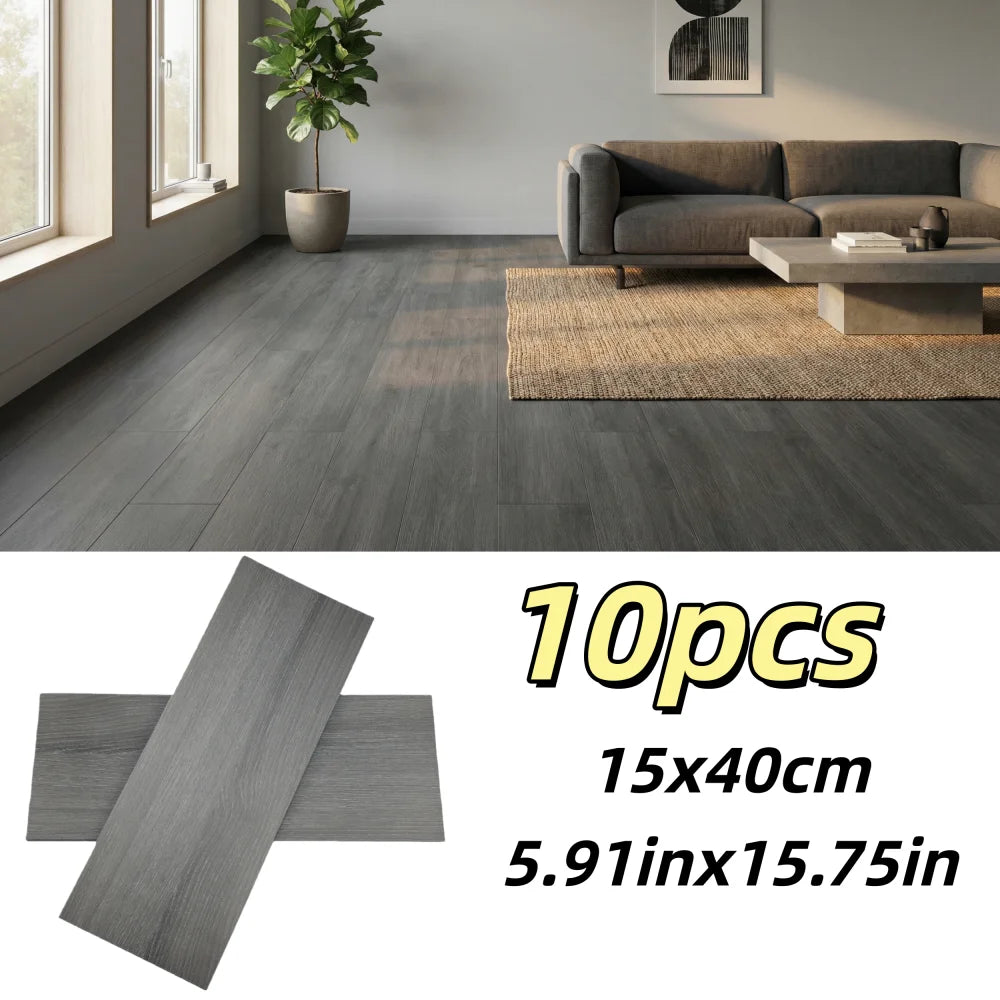 Diez piezas de vinilos autoadhesivos de veta de madera para suelo y pared mostradas en una sala de estar.