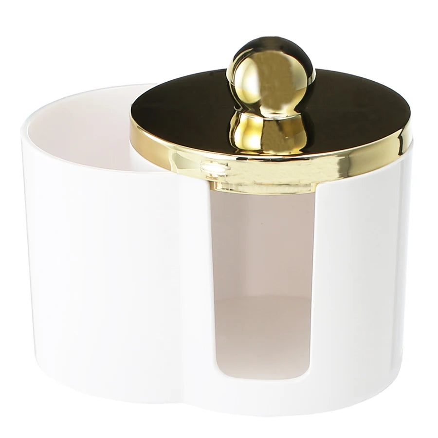 White plastic bathroom organizer with a gold-colored lid for storing cotton swabs and makeup accessories