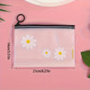 A clear plastic storage bag with a white daisy pattern is shown on a pink surface.