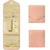 A pink foldable waterproof jewelry organizer bag showing various compartments and jewelry storage.