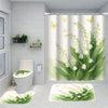 A shower curtain featuring a watercolor design of white flowers and yellow butterflies on a white background.
