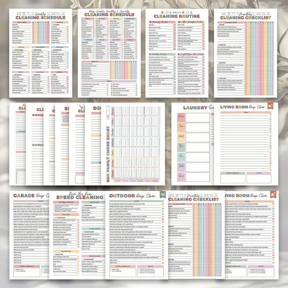 A collection of various task planner and cleaning checklist notebooks for organizing daily routines and household chores.