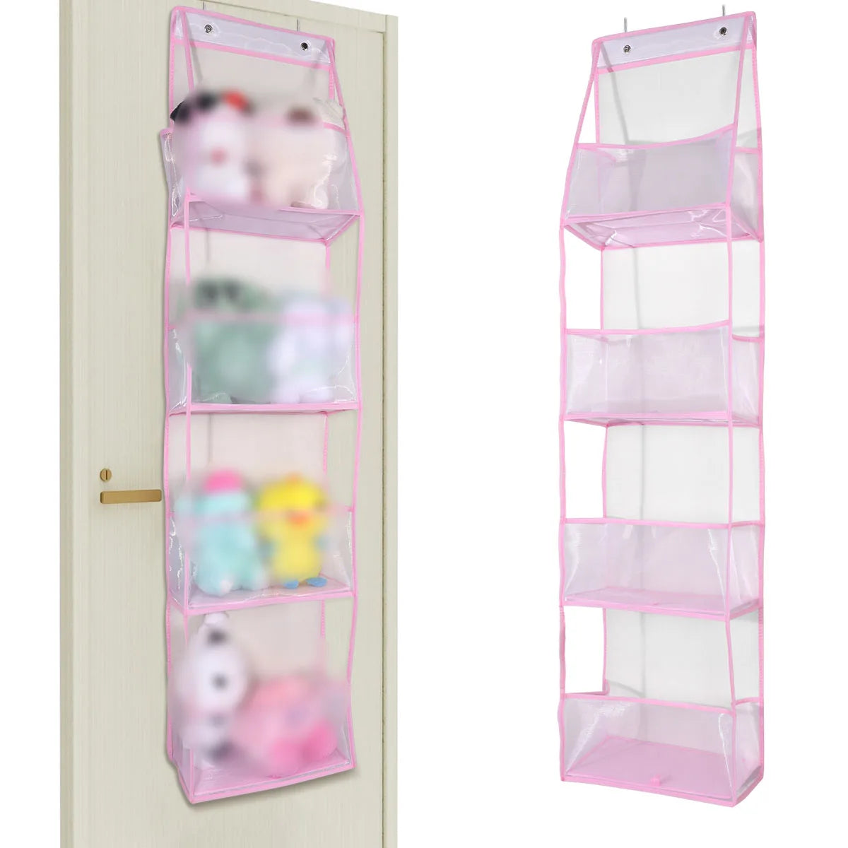A vertical pink fabric storage organizer with multiple clear pockets mounted on a door.