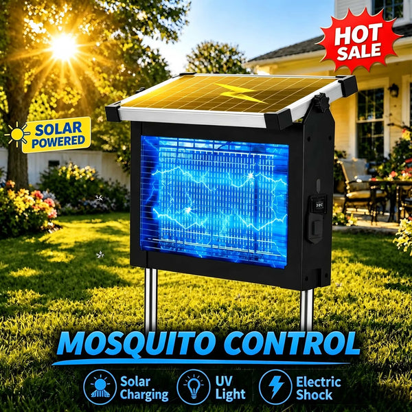 Schwarzes, solarbetriebenes Mückenschutzgerät mit transparentem Panel und UV-Licht, im sonnigen Garten