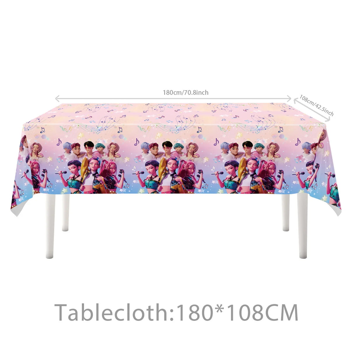 Pink and purple floral tablecloth decorated with K-Pop idols for a birthday party