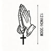 A pair of hands clasped in prayer holding a rosary with a cross pendant, shown against a vertical measurement scale.