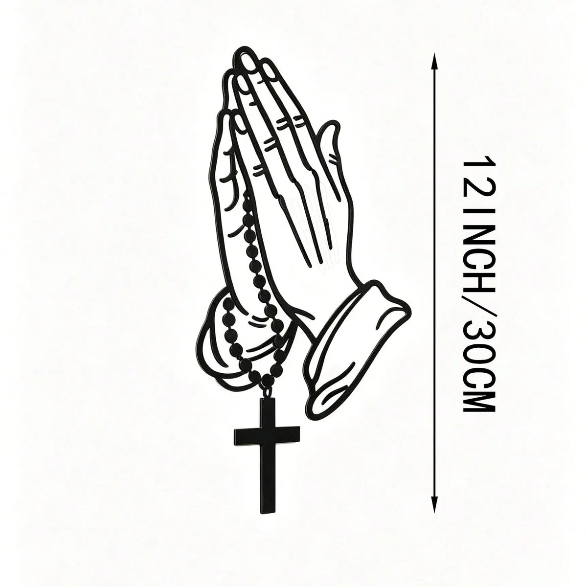 A pair of hands clasped in prayer holding a rosary with a cross pendant, shown against a vertical measurement scale.