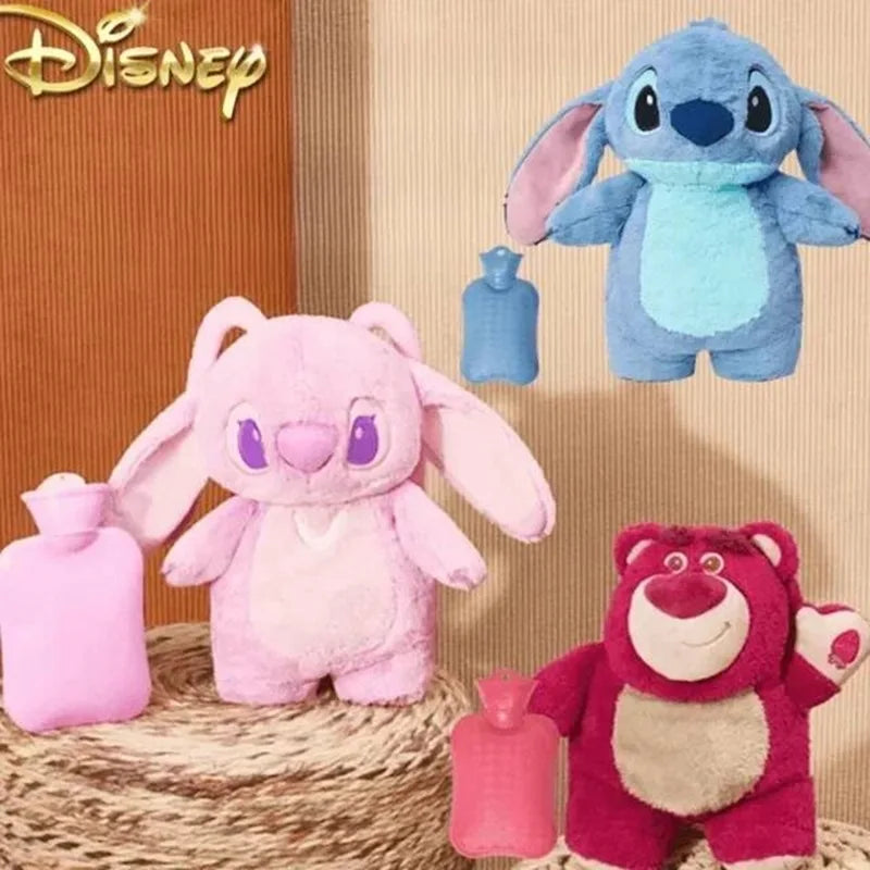 A collection of Disney plush animals, including a pink bunny, blue elephant, and red bear, displayed against a light backgrou