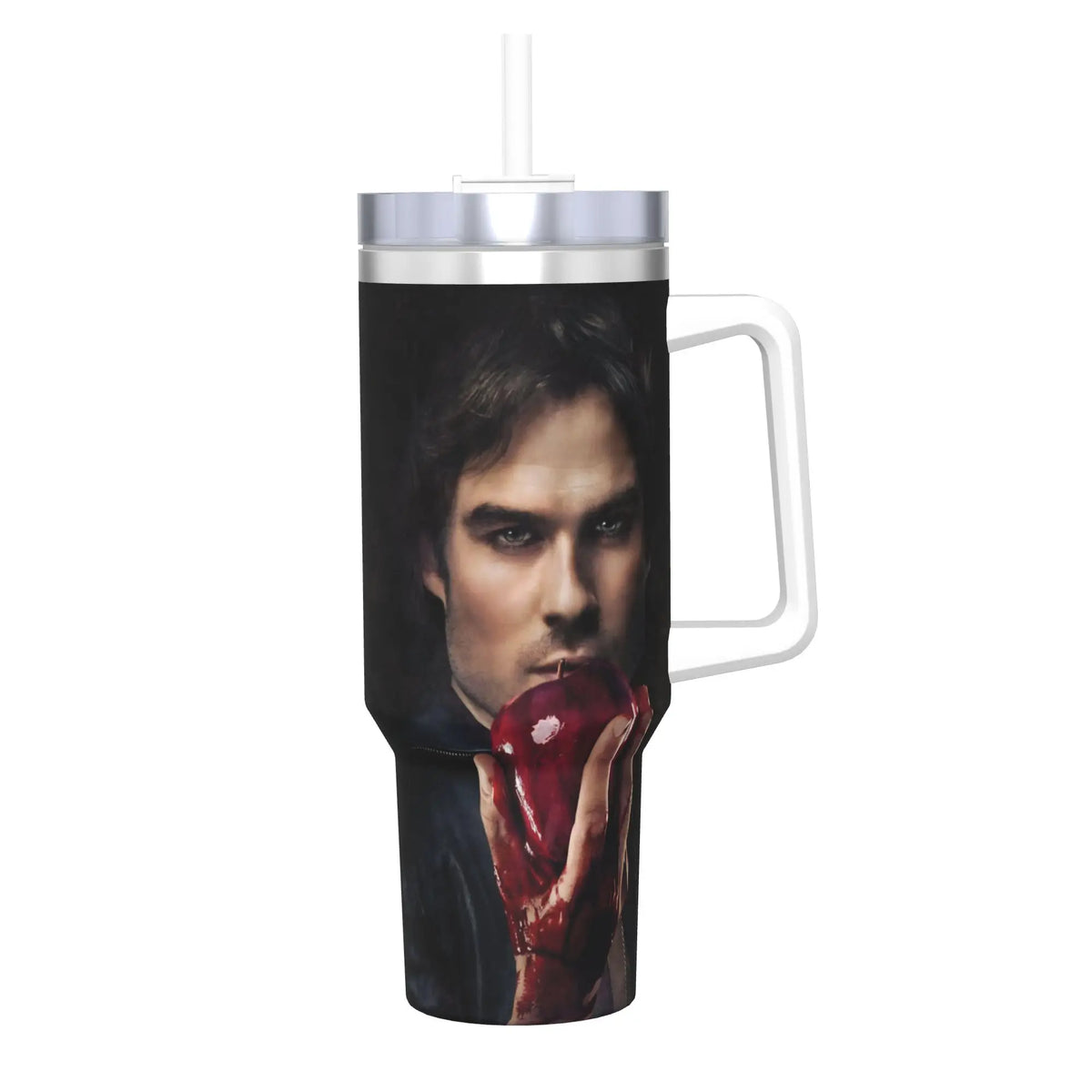 A black and white graphic of a man's face with red hand visible on a stainless steel tumbler with a straw.