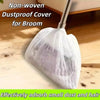 A white non-woven dustproof cover for a broom is shown on a wooden floor.