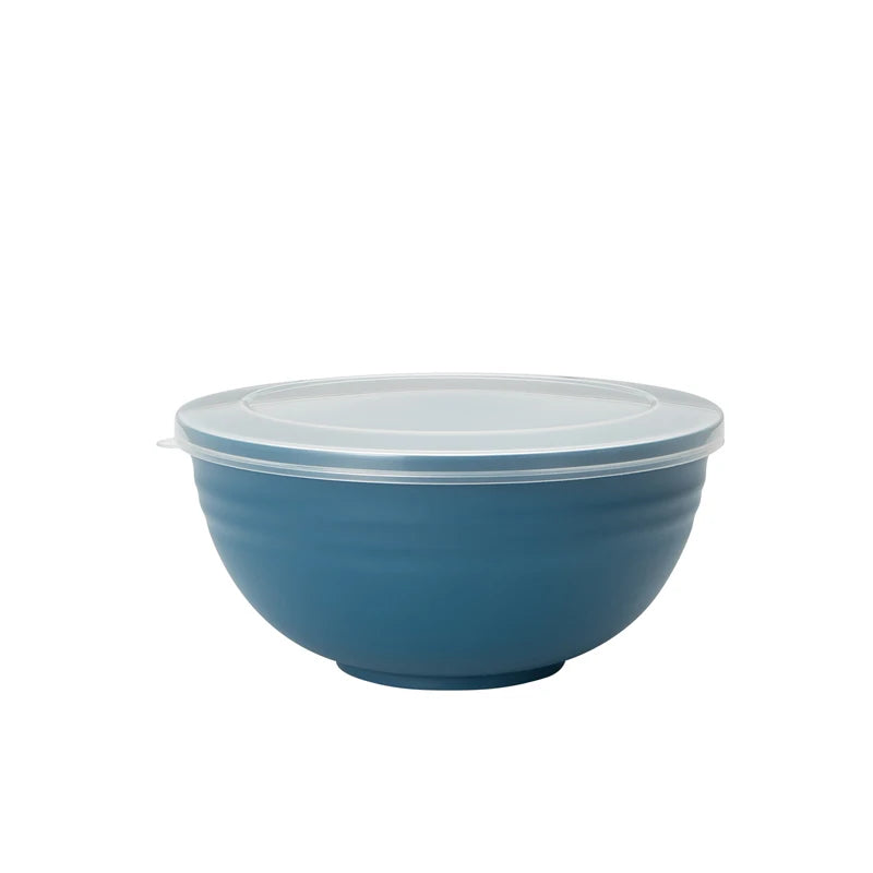 A light blue reusable food storage bowl with a clear sealing lid.