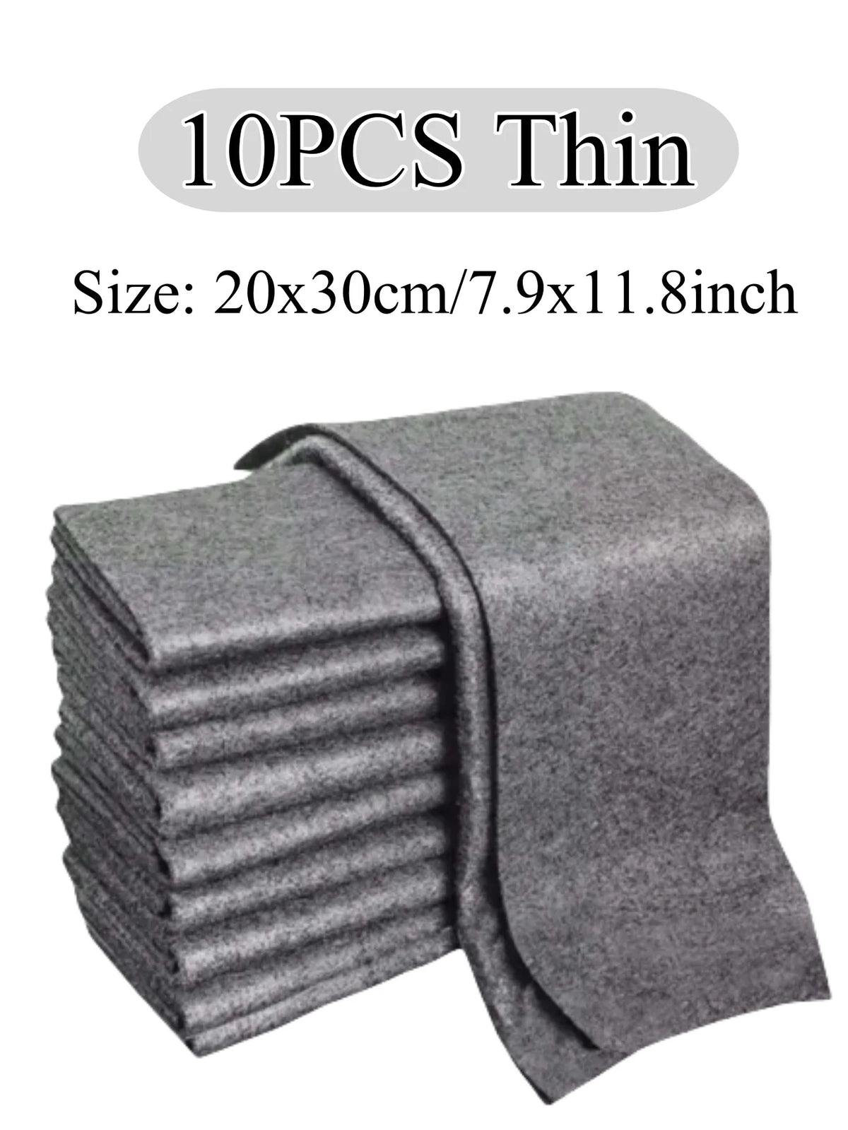 A stack of ten thin gray microfiber cleaning cloths.