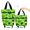 A lime green foldable hand drawn shopping bag with black handles and a black trim.