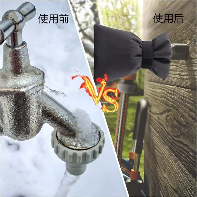 Comparison showing an outdoor faucet before and after using a winter freeze protection cover