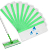 A white cleaning pad with green bristles is shown alongside a fan of bright green, sparkly mopping pads.