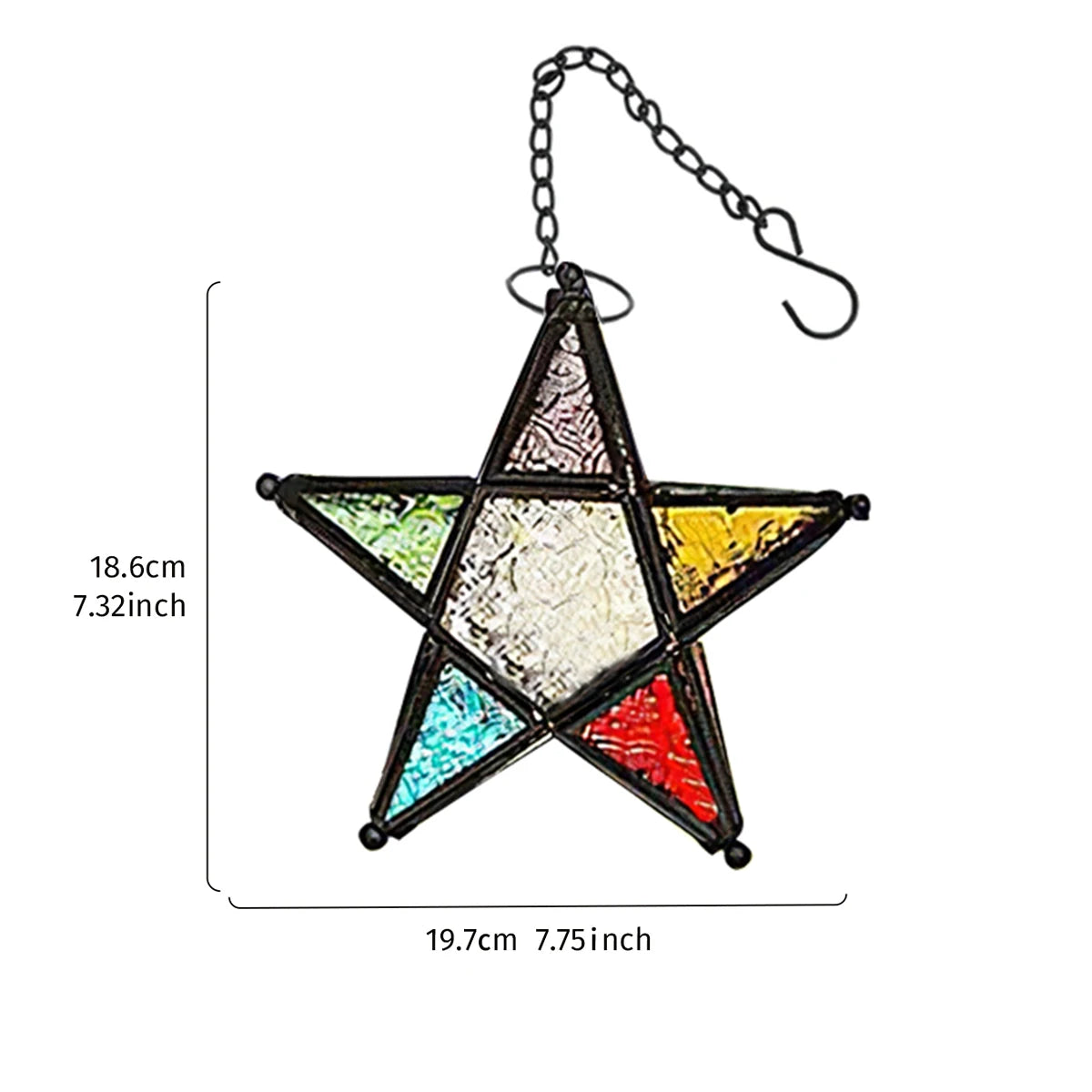 Forged iron star hanging candlestick with a chain and multicolored glass facets