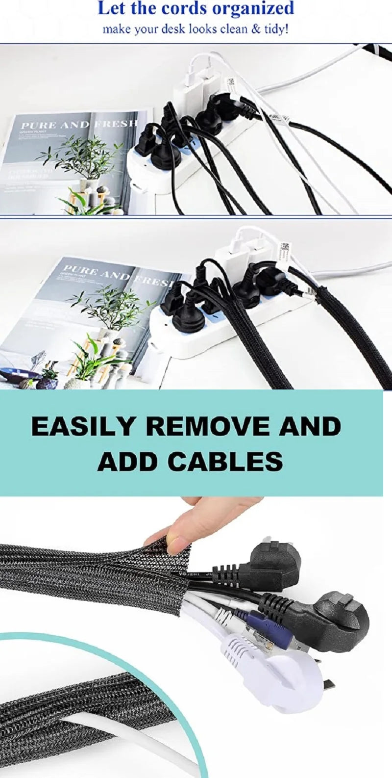 Expandable braided cable sleeves used to organize and protect wires on a desk.