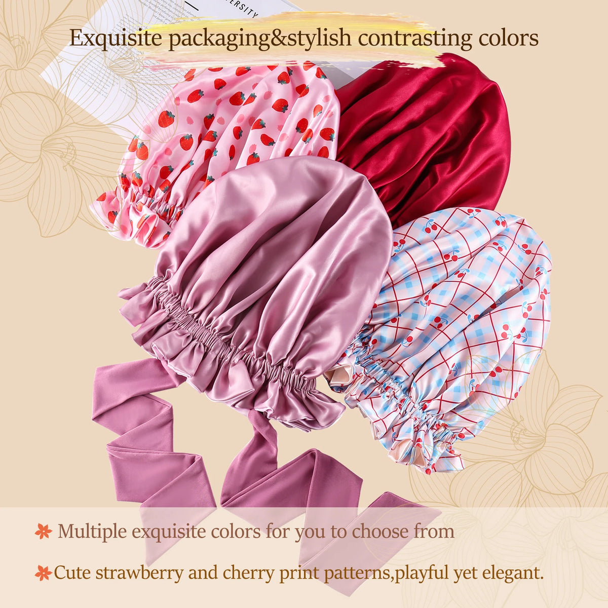 A collection of satin silk hair bonnets in contrasting colors including pink, red, and blue patterns.