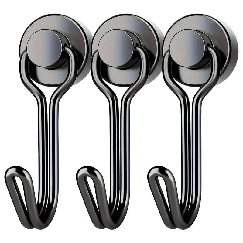 Three heavy duty magnetic hooks in black finish designed for household storage.