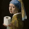 A portrait of a young woman wearing a blue headscarf and yellow garment holding a roll of white paper.