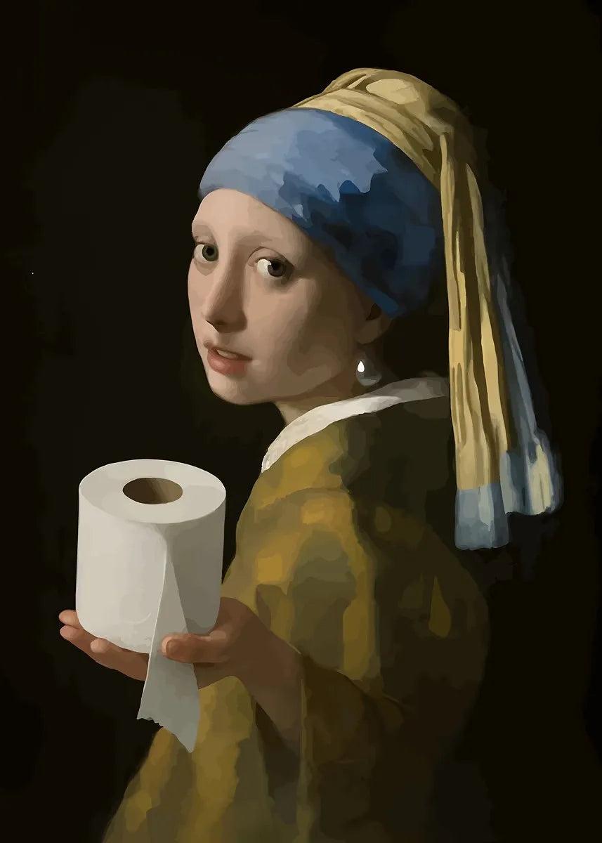A portrait of a young woman wearing a blue headscarf and yellow garment holding a roll of white paper.
