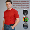 A man wearing a red shirt and jeans demonstrates an adjustable belt tool, showing various storage options.
