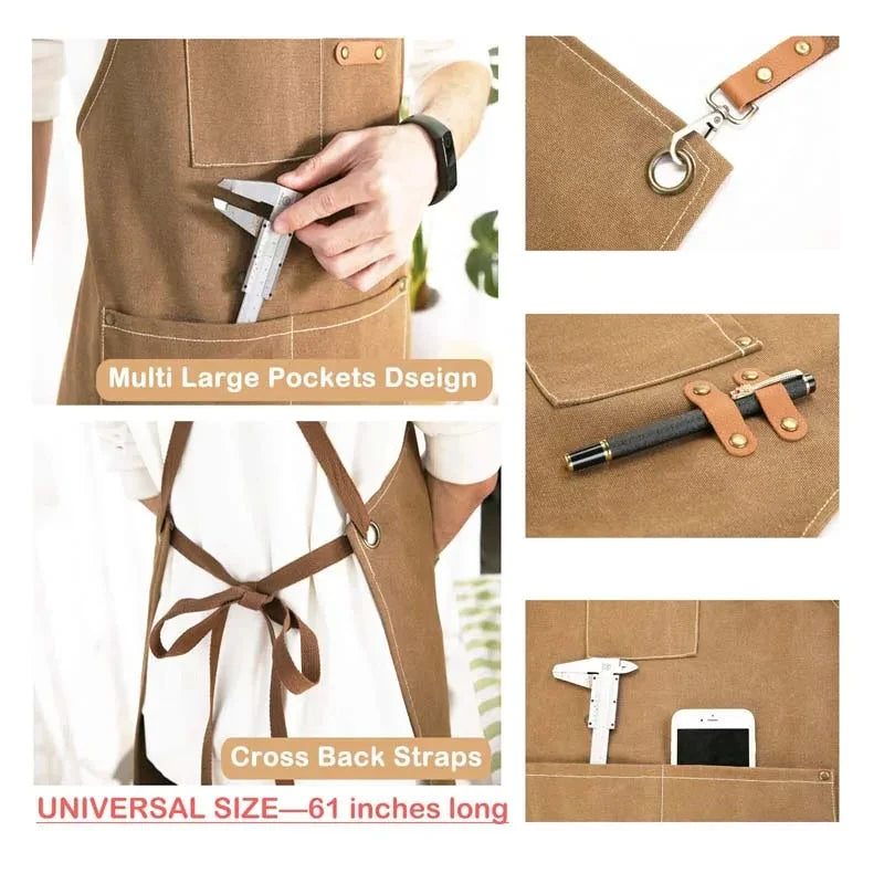 A brown canvas cooking apron featuring multi-large tool pockets and cross-back straps.
