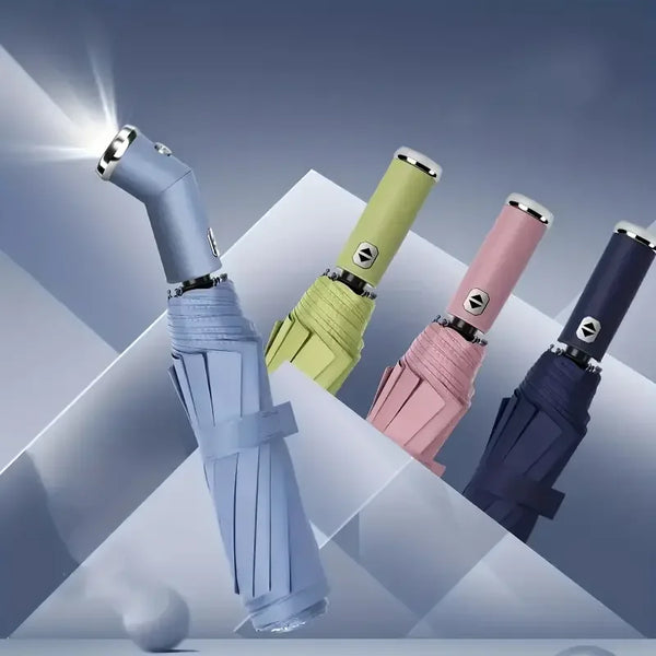 A collection of heavy-duty automatic folding umbrellas in various colors, including blue, lime green, pink, and dark purple, 