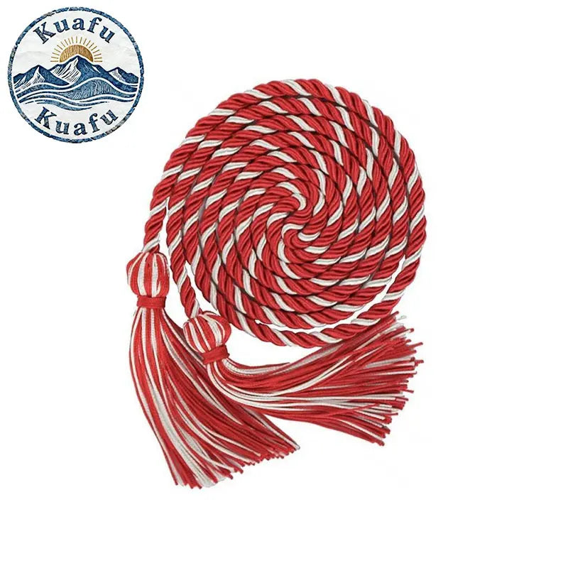 Red and white graduation honor cord with tassel ends coiled into a spiral
