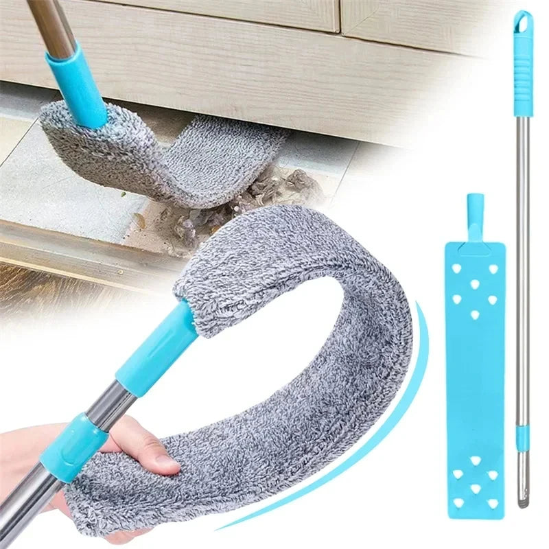 A microfiber duster with a telescopic handle is shown cleaning a window sill.