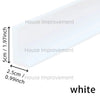 White silicone shower threshold water barrier strip showing various dimensions for house improvement.