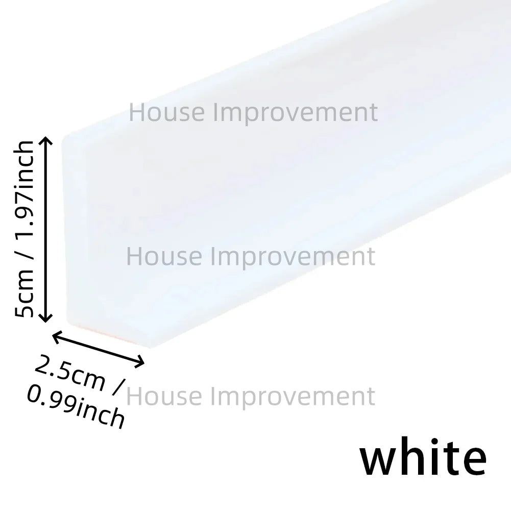 White silicone shower threshold water barrier strip showing various dimensions for house improvement.