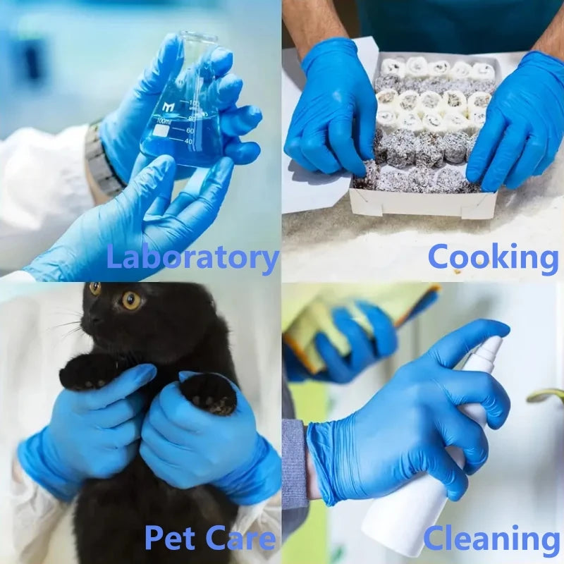 Four panels showing hands wearing blue nitrile gloves in laboratory, cooking, pet care, and cleaning contexts.