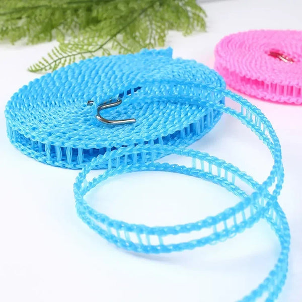 Blue heavy-duty outdoor clothesline with a metal clip and pink clothesline visible on a white background
