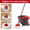 A cleaning tool showing three steps for fitting and using a red microfiber mop head with a black bucket.