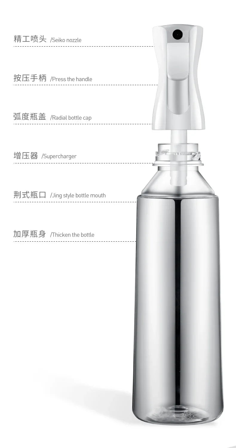 A silver refillable continuous mist spray bottle with a pump dispenser and a narrow mouth.