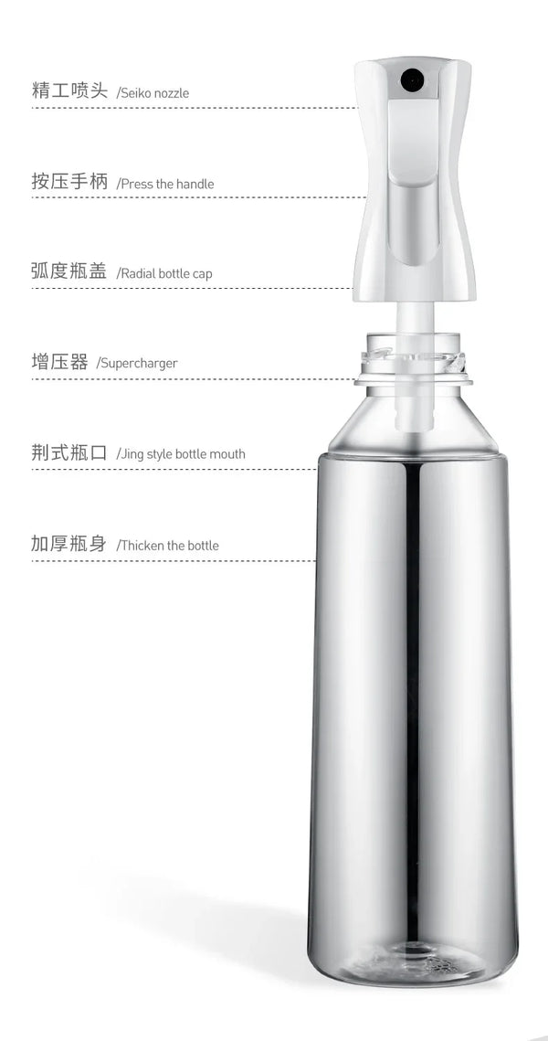 A silver refillable continuous mist spray bottle with a pump dispenser and a narrow mouth.