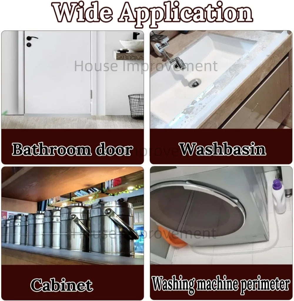 A silicone shower threshold water barrier strip is shown in various applications including a bathroom door, washbasin, cabine