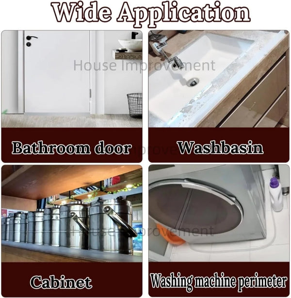 A silicone shower threshold water barrier strip is shown in various applications including a bathroom door, washbasin, cabine
